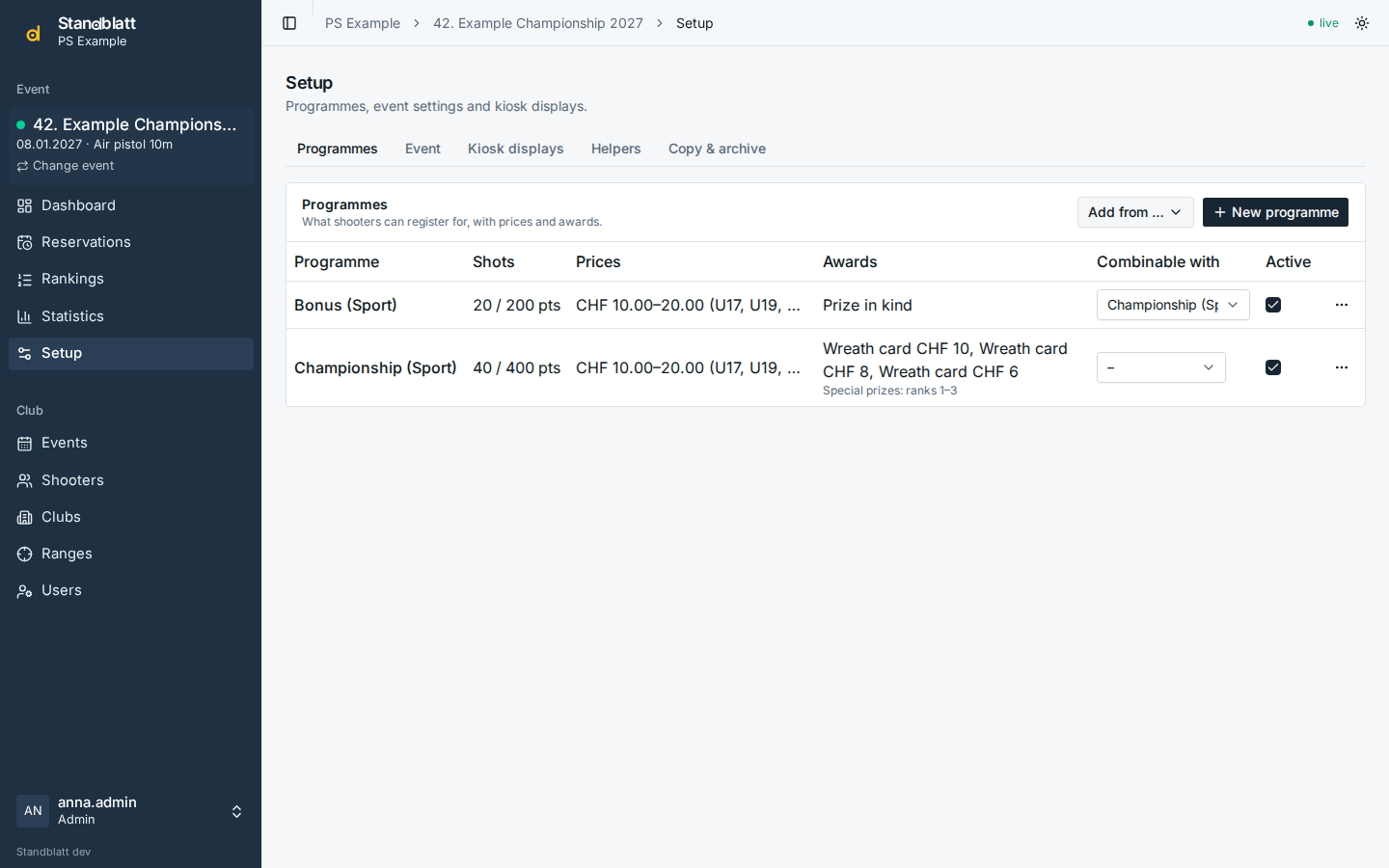 Configuration avec la liste des
programmes